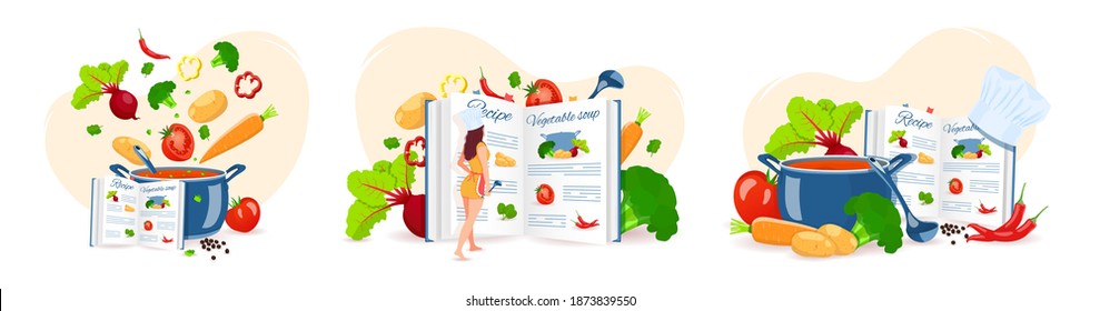 Set of cooking soup. Pan with soup, Woman, Recipe book and Vegetables. Recipes, homemade food, food preparation, learning concept. Vector illustration for flyer, poster, banner.