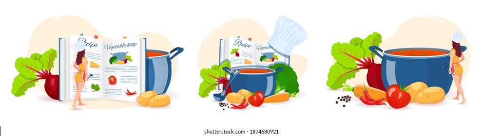 Set of cooking soup. Pan with soup, Woman, Recipe book and Vegetables. Recipes, homemade food, food preparation, learning concept. Vector illustration for flyer, poster, banner.