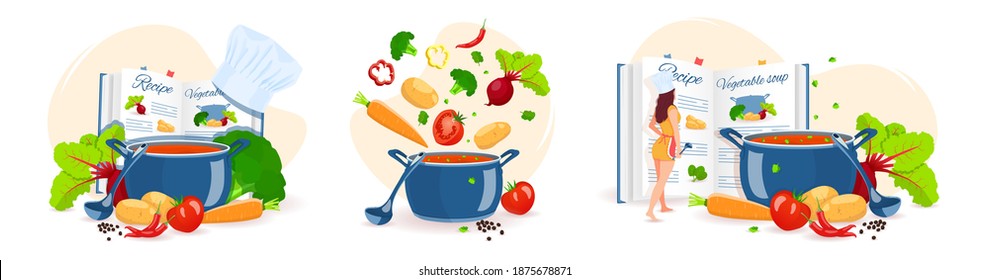 Set of cooking soup. Pan with soup, Woman, Recipe book and Vegetables. Recipes, homemade food, food preparation, learning concept. Vector illustration for flyer, poster, banner.
