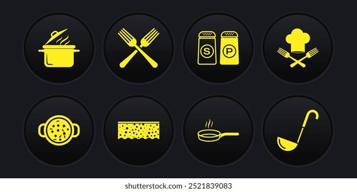 Set Cooking soup in pot, Chef hat and fork, Sponge with bubbles, Frying pan, Salt pepper, Crossed, Kitchen ladle and  icon. Vector