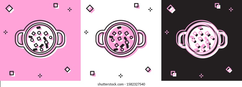 Set Cooking soup in pot icon isolated on pink and white, black background. Boil or stew food symbol.  Vector Illustration