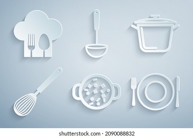 Ponga sopa de cocina en la olla, whisky de cocina, plato, tenedor y cuchillo, sombrero de ladle y chef con icono de cuchara. Vector