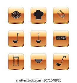 Set Cooking soup in pot, Salt and pepper, Kitchen colander, ladle,  and Chef hat icon. Vector