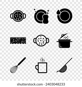 Set Cooking soup in pot, Washing dishes, Kitchen whisk, Coffee cup, colander, Sponge with bubbles and  icon. Vector