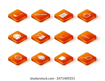 Set Cooking soup in pot, Washing dishes, Salt and pepper, Coffee cup, Kitchen ladle, Frying pan and  icon. Vector