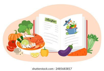 Juego de sopa de cocina, libro de recetas y verduras. Recetas, comida casera, preparación de alimentos, Ilustración vectorial de concepto de aprendizaje para cartel, Anuncio.