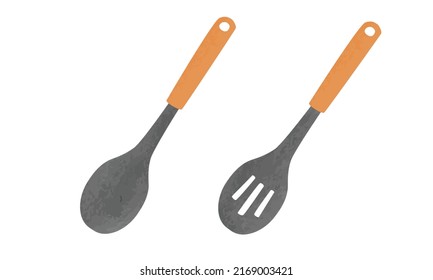 Set Of Cooking Spoon With Wooden Handle Watercolor Style. Solid Spoon And Slotted Spoon Clipart Vector Illustration Isolated On White Background. Kitchen Utensils Clipart. Cooking Tools Hand Drawn