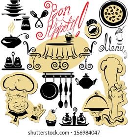 Set of cooking symbols, hand drawn pictures - food and chief silhouettes and hand written text - Bon Appetit