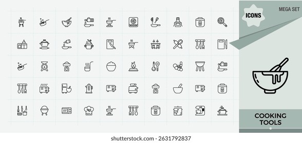 Set of Cooking tools line icon. Contains such icons as hat, eat, knife, pan, instruction, kitchenware. Vector icons collection. Service icon. Vector artwork and illustration.