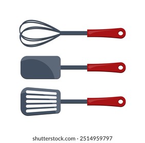 Conjunto de ferramentas de cozinha. Misturador e espátula. Louça e louça para cozinha. Equipamento doméstico de aço inoxidável. Cozimento e preparação. Cartaz ou banner. Coleção de vetores planos isolada no plano de fundo branco