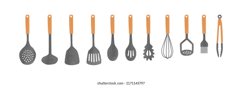 Conjunto de herramientas de cocina con clíparte de mango de madera. Las herramientas de cocina establecen el vector de acuarela aislado en blanco. Skimmer, ladle, espátula con ranura, cuchara, servidor de pasta, whisk, masher de patatas, bastoncillo, tonificaciones