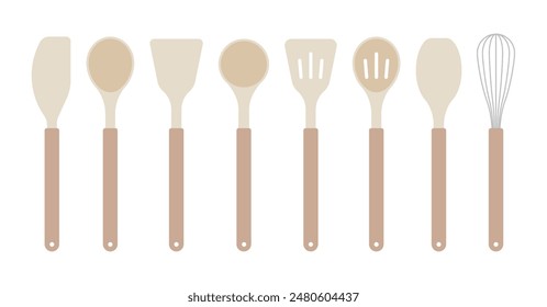 A set of cooking utensil object illustrations for cooking in the kitchen. Ladle, spatula, spoon, spoon, spatula, whisk, and spatula.