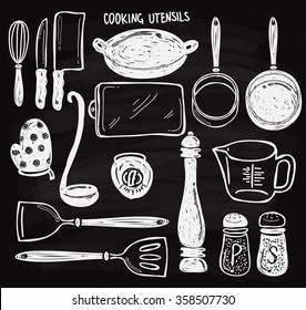 Set of cooking utensils doodle on chalk board