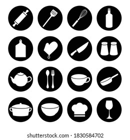 Set of cooking utensils and kitchenware flat black icons. Modern design style vector illustration symbol collection.