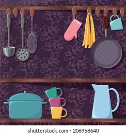 The set of cooking utensils on the kitchen shelves. The floral vertical background is a seamless pattern.