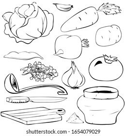 Set for cooking vegetable soup. Set of isolated black and white vector illustrations.