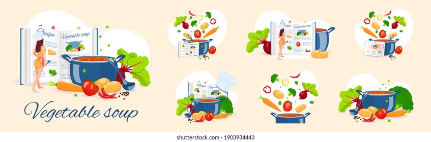 Set of cooking vegetable soup. Pan with soup, Chef, Recipe book and Vegetables. Recipes, homemade food, food preparation, learning concept. Vector illustration for flyer, poster, banner.