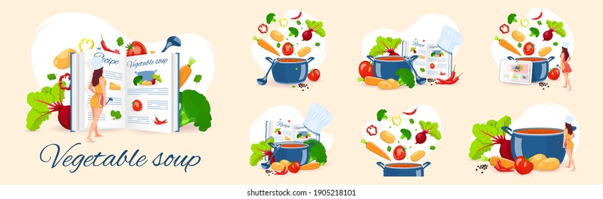 Set of cooking vegetable soup. Pan with soup, Chef, Recipe book and Vegetables. Recipes, homemade food, food preparation, learning concept. Vector illustration for flyer, poster, banner.