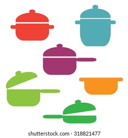Set of cooking ware. Pans and pots. Color silhouette vector illustration