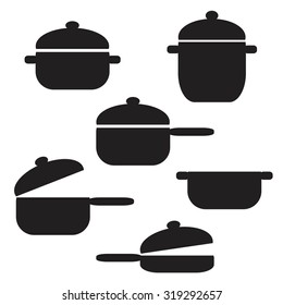Set of cooking ware. Pans and pots. Silhouette vector illustration