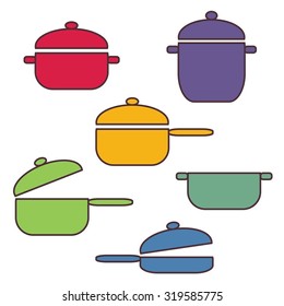 Set of cooking ware. Pans and pots. Color vector illustration