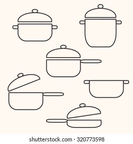 Set of cooking ware. Pans and pots. Outline vector illustration