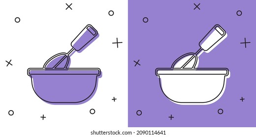 Set Cooking whisk with bowl icon isolated on white and purple background. Cooking utensil, egg beater. Cutlery sign. Food mix symbol.  Vector