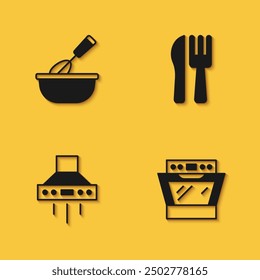 Set Cooking whisk with bowl, Oven, Kitchen extractor fan and Crossed knife and fork icon with long shadow. Vector