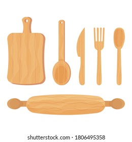 Set of Cooking wooden kitchen tools spoon, knife, fork, rolling pin isolated on white background. Ecological material, reusable.