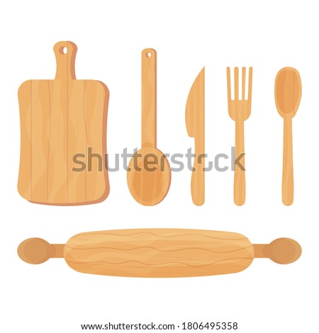 Set of Cooking wooden kitchen tools spoon, knife, fork, rolling pin isolated on white background. Ecological material, reusable.