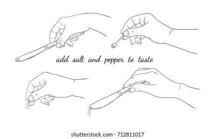 A set of cook's hands with flatware, who adds salt, pepper and spices. A pinch of salt, a spoon for salt a knife . An isolated linear vector drawing.