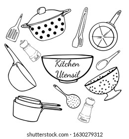 Set Of Cookware And Bakeware. Different Kitchenware Hand Drawn Illustration. Wooden Spoon, Skimmer, Colander, Tongs, Bowl, Salt Shaker, Frying-pans, Saucepot. Vector Cartoon Flat Icon Isolated On Whit