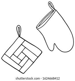 Set of cookware and bakeware. Oven glove and potholder. Vector cartoon flat icon isolated on white background.