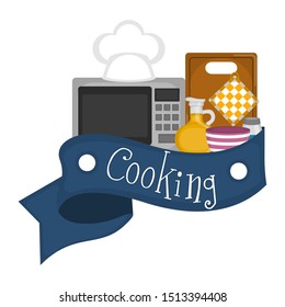 Set of cookware with a cooking text label - Vector