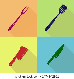Set of cookware icons on a background of multi-colored squares with a long shadow for design and decoration, the design is flat.