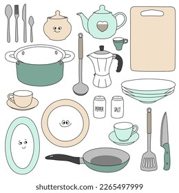 Set of cookware and kitchen accessories. Hand drawn isolated dishes in funny cartoon style. Doodles. Vector illustration