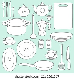 Set of cookware and kitchen accessories. Hand drawn dishes in funny cartoon style. Doodles. Vector illustration