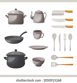 Set of cookware logo design template. Kitchen set icon.