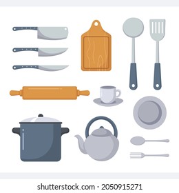 Set of cookware logo design template. Kitchen set icon.