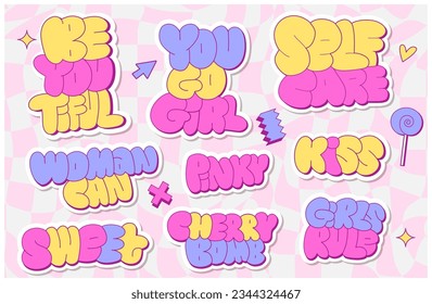 Set of cool 90s-00s retro girlylettering stickers. Vector illustration in y2k style. Kawaii slogans collection in trendy barbiecore 2000s style. Vintage emo aesthetic.