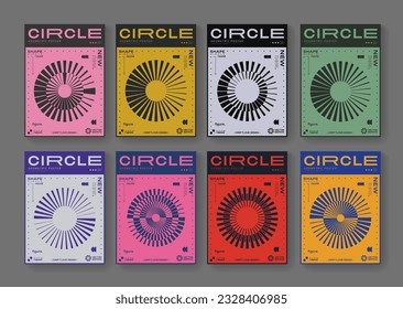 Set Of Cool Abstract Geometric Posters. Optical Illusion Circle Shape Element. Rave Acid Graphic Design. Swiss Design Retro Placard.