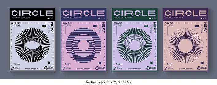 Set Of Cool Abstract Geometric Posters. Optical Illusion Circle Shape Element. Rave Acid Graphic Design. Swiss Design Retro Placard.