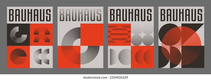 Set Of Cool Abstract Geometric Posters. Bauhaus Halftone Shape Vector Design. Retro Geometrical Placard. Textured Shapes.