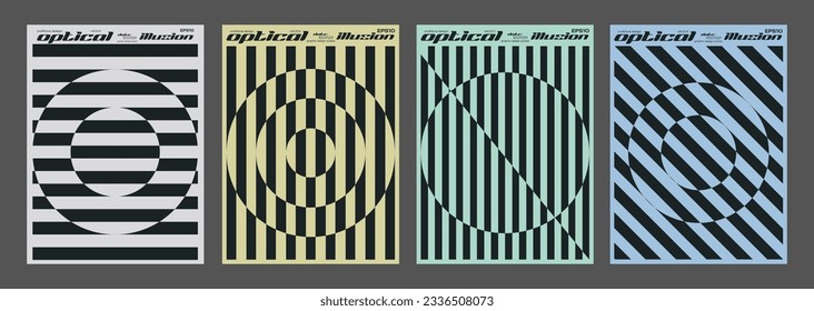 Set Of Cool Abstract Geometric Posters. Optical Illusion Circle Shape Element. Rave Acid Graphic Design. Swiss Design Retro Placard.