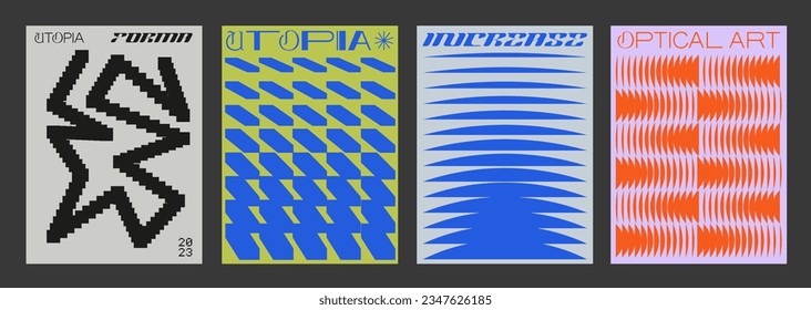 Set Of Cool Abstract Geometric Posters. Optical Illusion Circle Shape Element. Rave Acid Graphic Design. Swiss Design Retro Placard.