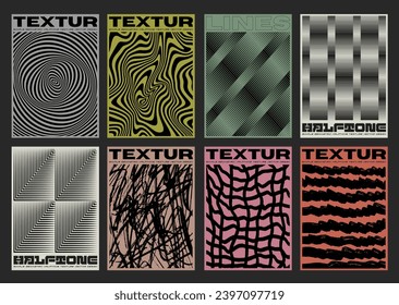 Set Of Cool Abstract Striped Optical Illusion Posters. Collection Of Geometric Shape Placards. Swiss Design Retro Wave Texture.