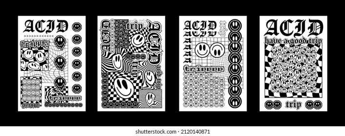 Set of Cool Acid Smile Posters Vector Design, Trendy Trippy Psychedelic Prints. 