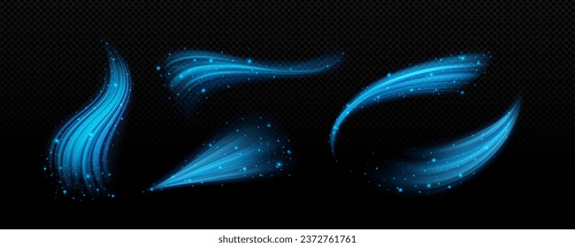 Set of cool air flow effects isolated on transparent background. Vector realistic illustration of blue light waves with shimmering particles, cold wind, fresh breeze whirlwind, magic power trail