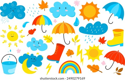 Set of cool autumn elements in simple flat style with bright colors. Cool stickers with weather phenomena, leaves, rain, sun, clouds, umbrella, rubber boots, etc. Isolated vector illustration