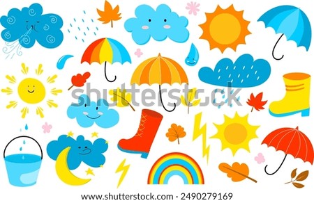 Set of cool autumn elements in simple flat style with bright colors. Cool stickers with weather phenomena, leaves, rain, sun, clouds, umbrella, rubber boots, etc. Isolated vector illustration